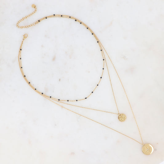 Collier 3 rangs avec boules en émail noir, pampille martelée et pampille ornée d'une étoile et un strass blanc 38/44/54+7 cm