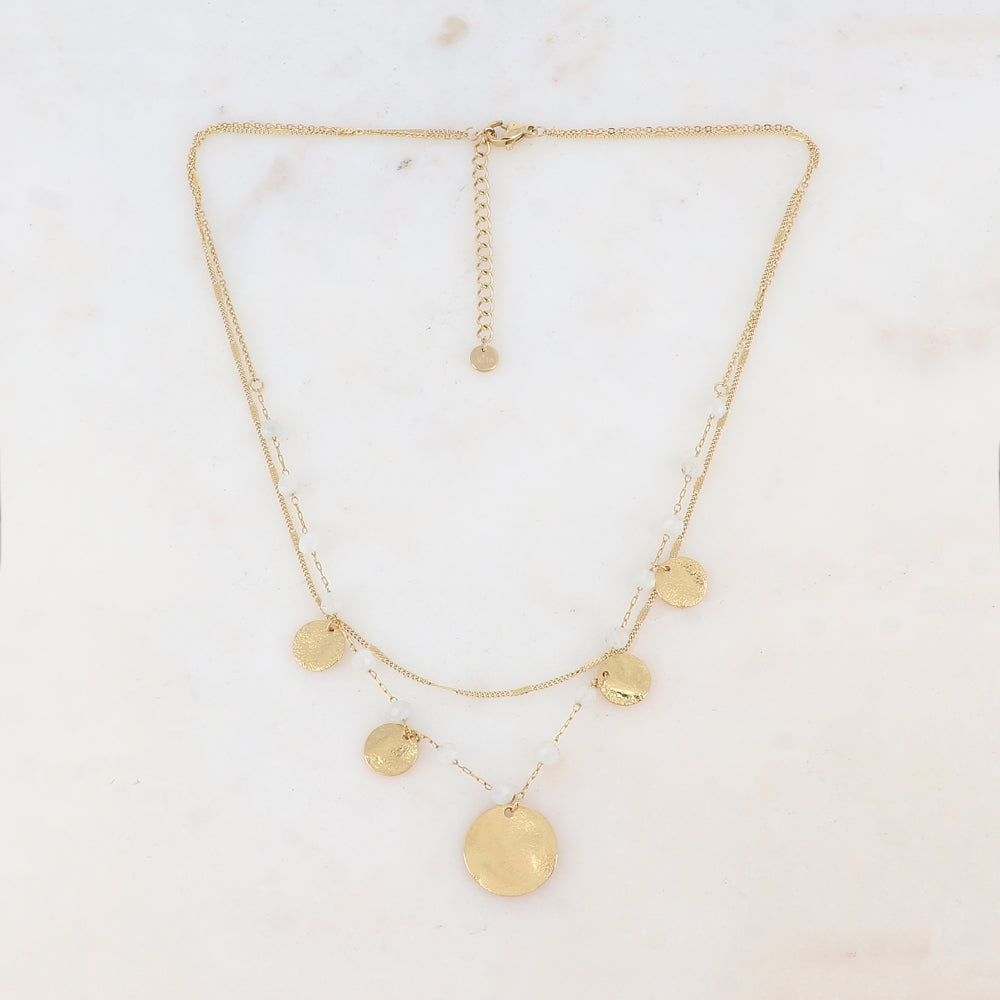 Collier doré 2 rangs orné de pampilles et de pierres naturelles blanches 38/40+5 cm