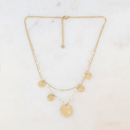 Collier doré 2 rangs orné de pampilles et de pierres naturelles blanches 38/40+5 cm