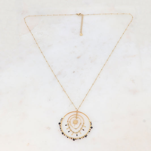 Collier doré avec des perles en pâtes de verre (65+5CM)