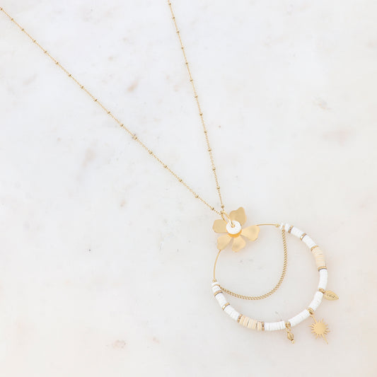 Sautoir avec un pendentif en forme d'anneau, petites rondelles, soleil, fleur