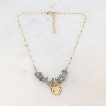 Collier doré avec chips de pierre naturelle labradorite et pendentif soleil 40+5 cm