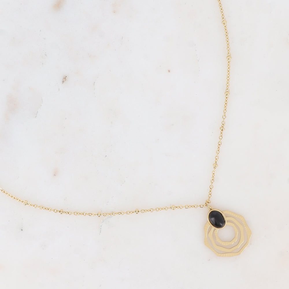 Collier doré avec pendentif aux formes géométriques et pierre naturelle noires 38+5 cm