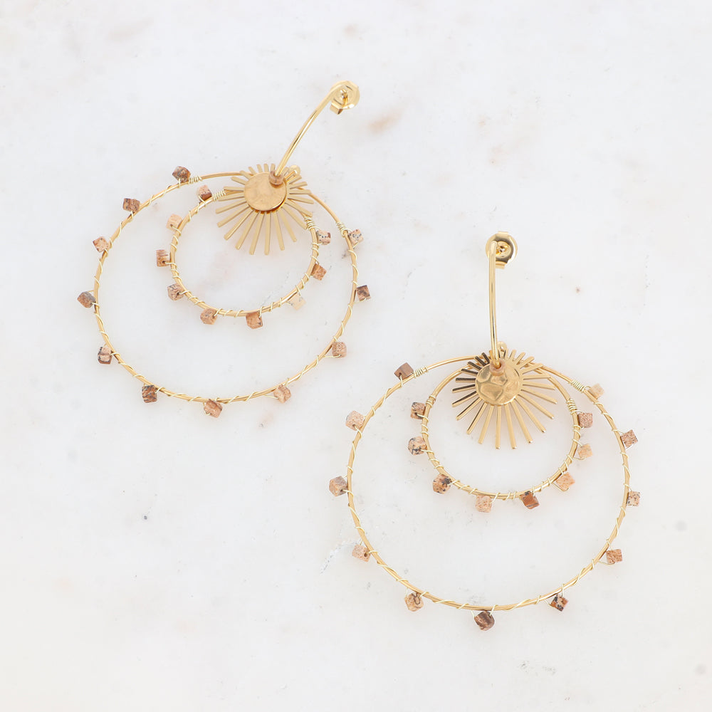 Boucles d'oreilles doubles cercles, soleil et pierre naturelle