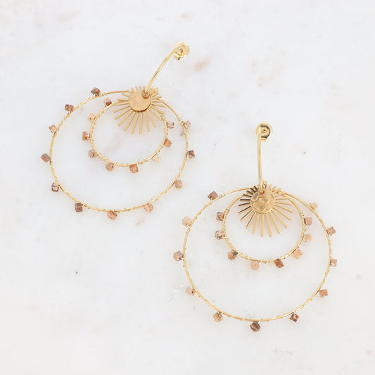 Boucles d'oreilles doubles cercles, soleil et pierre naturelle