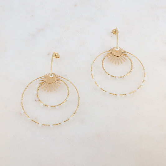 Boucles d'oreilles doubles cercles, soleil et pierre naturelle