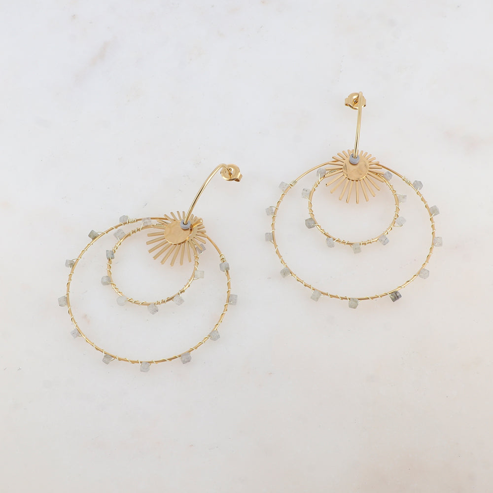 Boucles d'oreilles doubles cercles, soleil et pierre naturelle