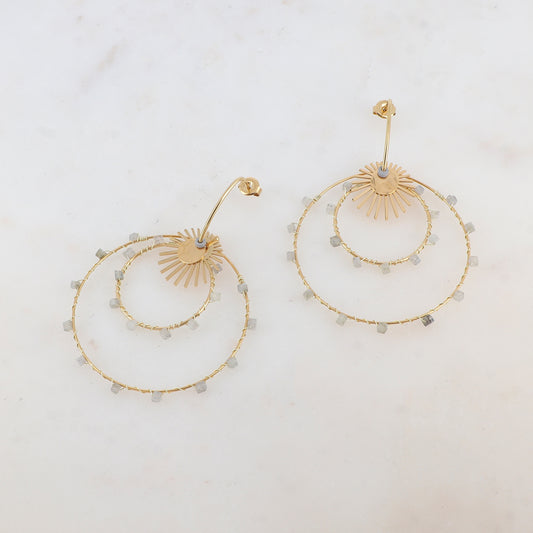 Boucles d'oreilles doubles cercles, soleil et pierre naturelle