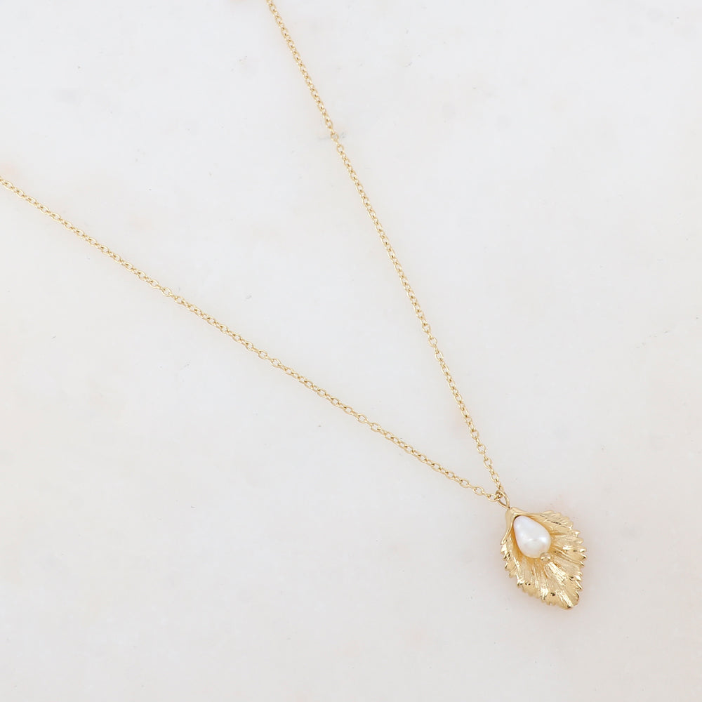 Collier avec pendentif feuille et perle d'eau douce (40+5CM)