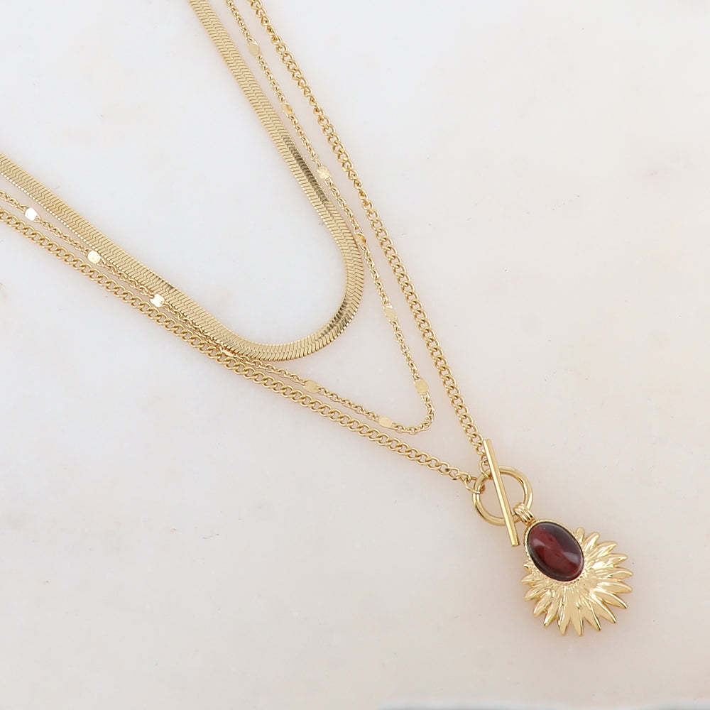 Collier 3 rangs avec maille, pendentif feuillage et pierre naturelle (38/44/55+7CM)