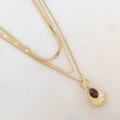 Collier 3 rangs avec maille, pendentif feuillage et pierre naturelle (38/44/55+7CM)