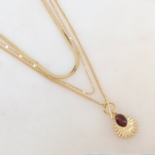 Collier 3 rangs avec maille, pendentif feuillage et pierre naturelle (38/44/55+7CM)