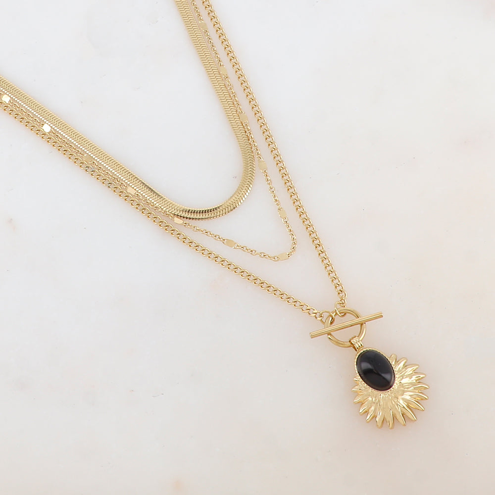 Collier 3 rangs avec maille, pendentif feuillage et pierre naturelle (38/44/55+7CM)