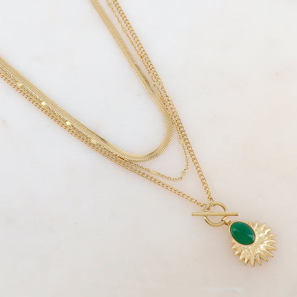 Collier 3 rangs avec maille, pendentif feuillage et pierre naturelle (38/44/55+7CM)