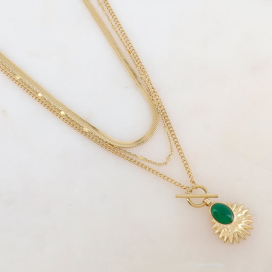 Collier 3 rangs avec maille, pendentif feuillage et pierre naturelle (38/44/55+7CM)