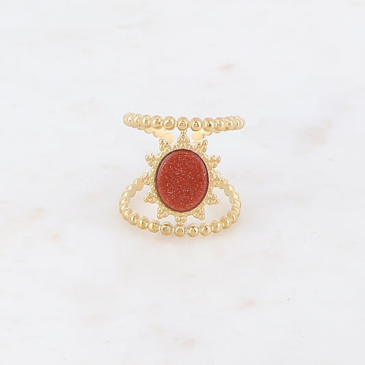 Bague double rangs avec pierre naturelle ovale - Pierre de sable rouge