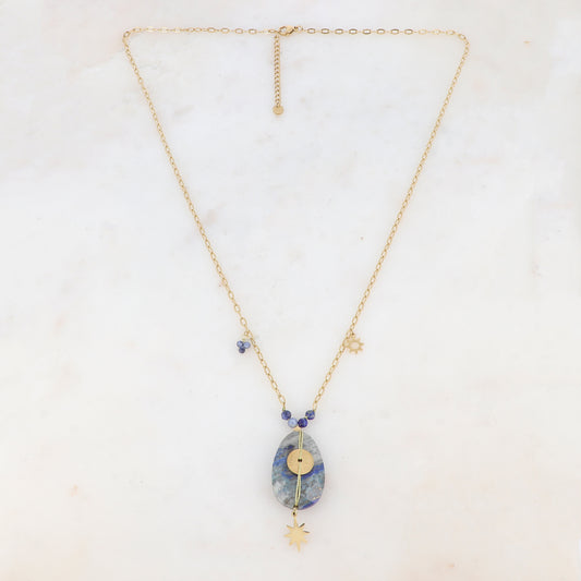 Sautoir avec pierres naturelles, pampille soleil et étoile (60+5CM)
