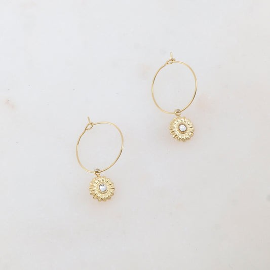 Créoles avec pampille fleur et strass 1,4 x 2,3 cm