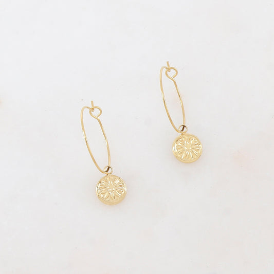 Créoles avec pampille ronde au motif fleur 1,4 x 2,2 cm