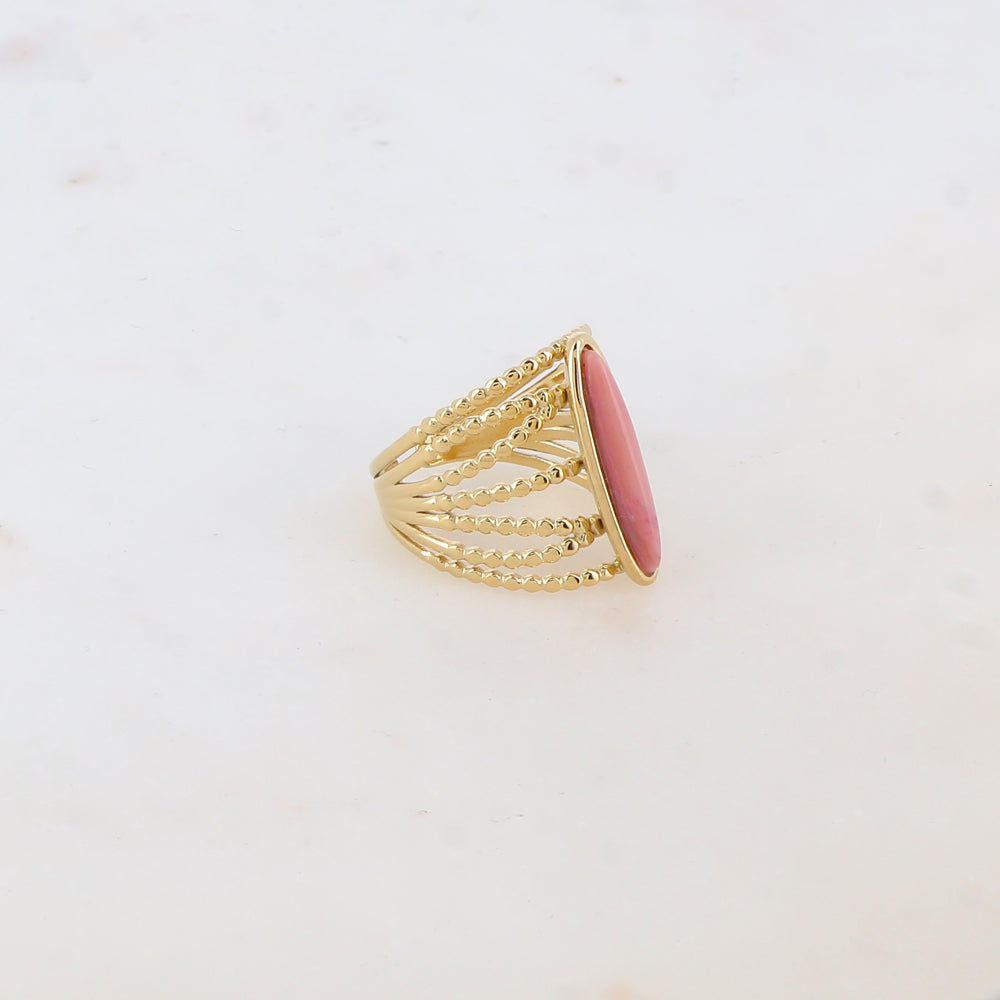 Bague multi-rangs style semainier croisée avec pierre naturelle - Rhodonite