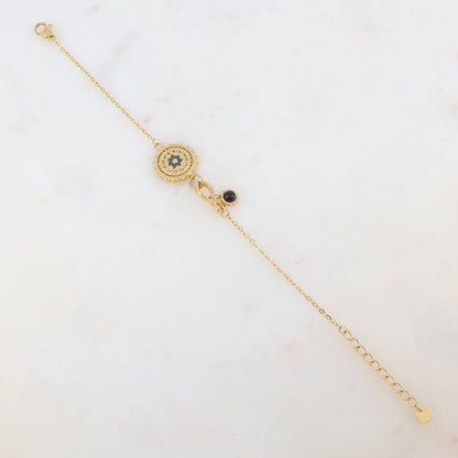 Bracelet avec pièce ronde émaillée avec motif fleur et pampille ornée de pierre naturelle