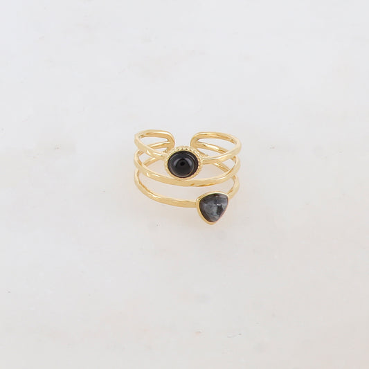 Bague 3 rangs sertie de 2 pierres naturelles : triangle et ronde