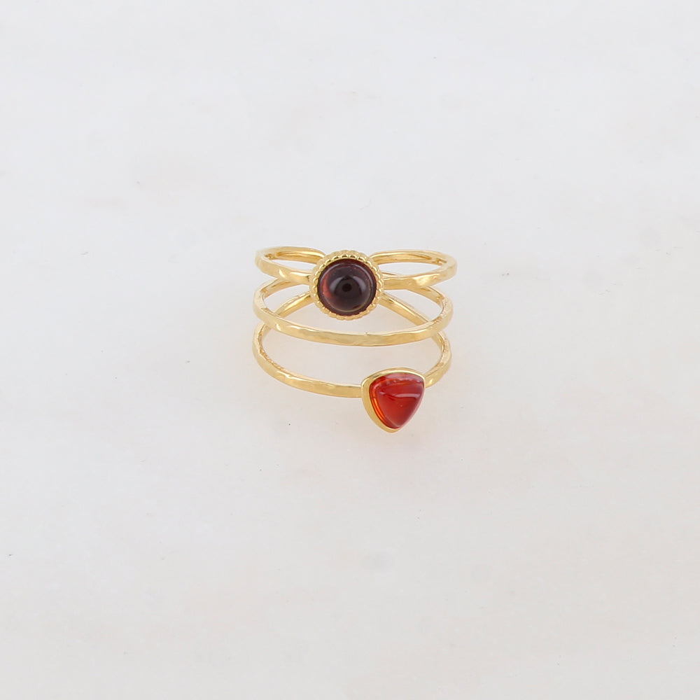Bague 3 rangs sertie de 2 pierres naturelles : triangle et ronde