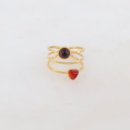 Bague 3 rangs sertie de 2 pierres naturelles : triangle et ronde