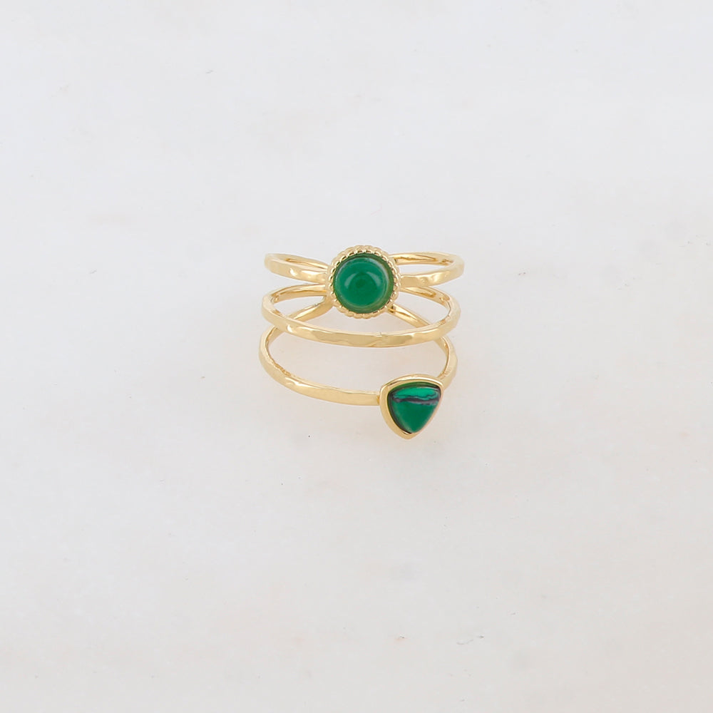 Bague 3 rangs sertie de 2 pierres naturelles : triangle et ronde