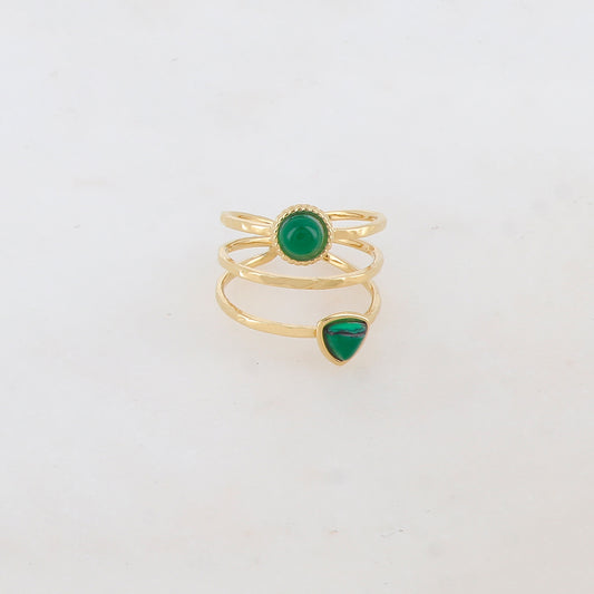 Bague 3 rangs sertie de 2 pierres naturelles : triangle et ronde
