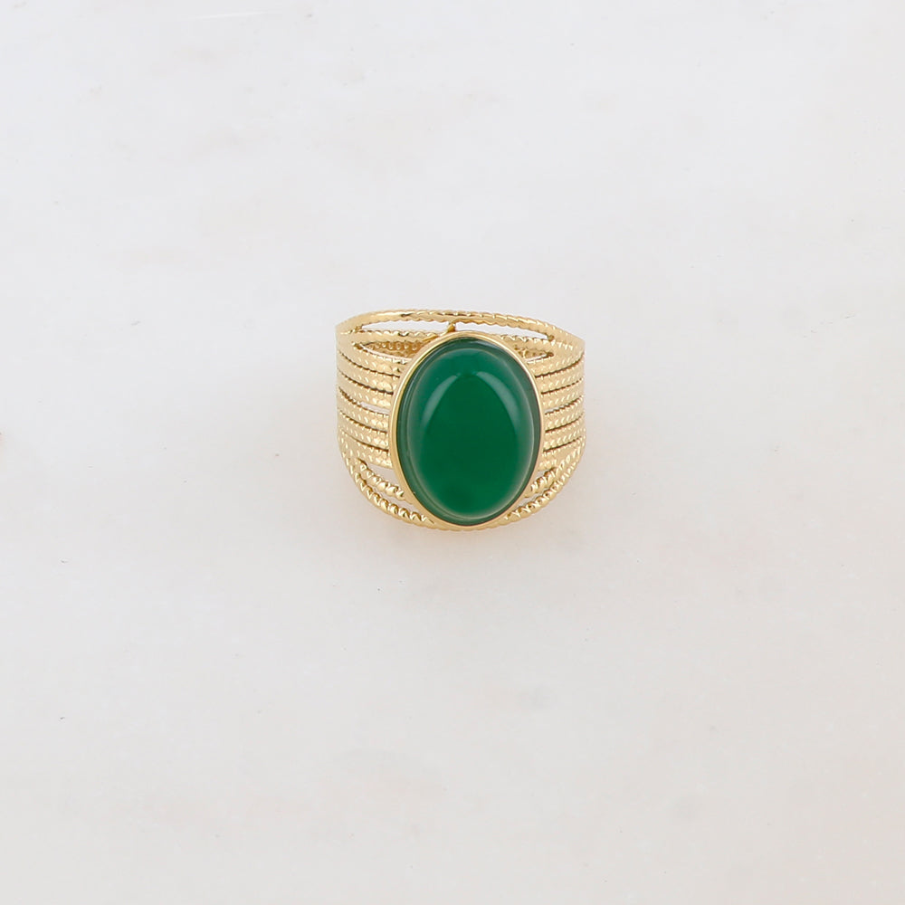 Bague multirangs avec pierre naturelle ovale - Jade vert