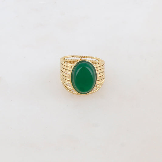 Bague multirangs avec pierre naturelle ovale - Jade vert