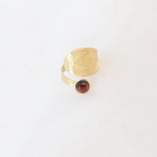 Bague texturée ornée d'une pierre naturelle ronde - Œil de taureau