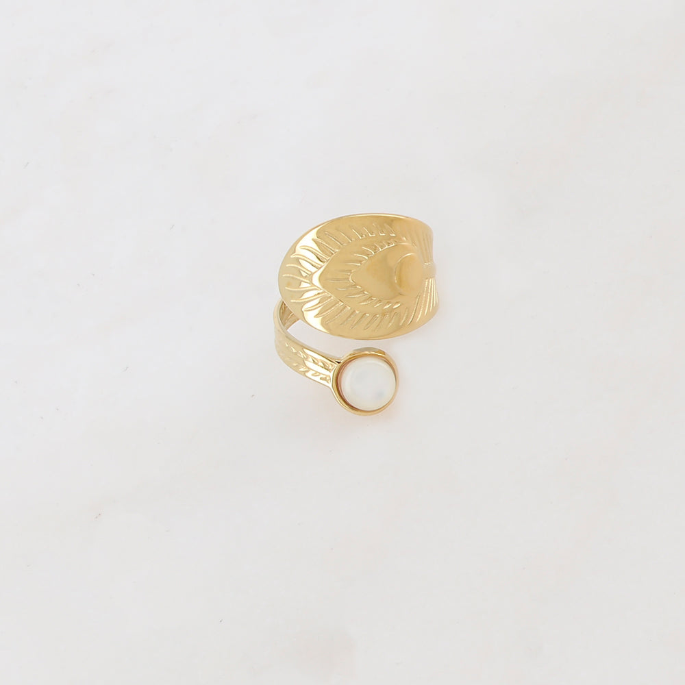 Bague texturée ornée d'une pierre naturelle ronde - Nacre