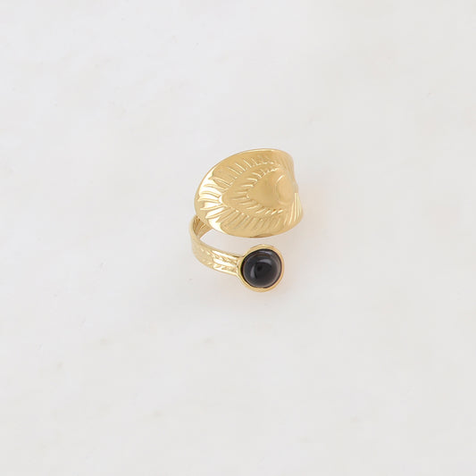 Bague texturée ornée d'une pierre naturelle ronde - Onyx