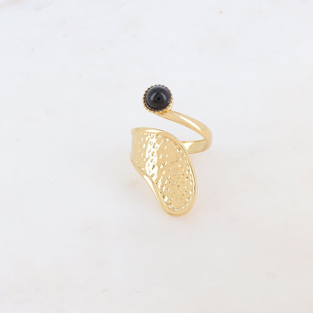Bague texturée ornée d'une pierre naturelle ronde - Onyx