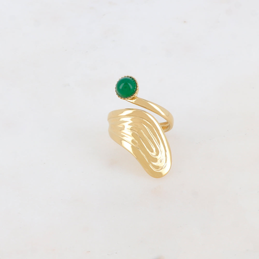 Bague lisse avec rainure, pierre naturelle ronde - Jade vert