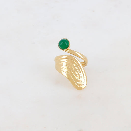 Bague lisse avec rainure, pierre naturelle ronde - Jade vert