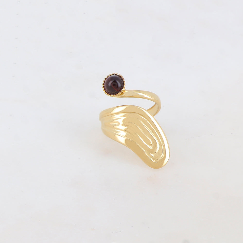 Bague lisse avec rainure, pierre naturelle ronde - Oeil de taureau
