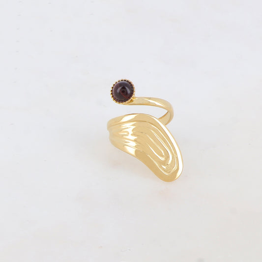 Bague lisse avec rainure, pierre naturelle ronde - Oeil de taureau