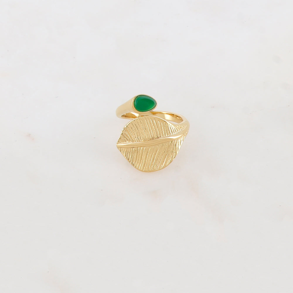 Bague fine avec feuille et pierre naturelle - Jade vert