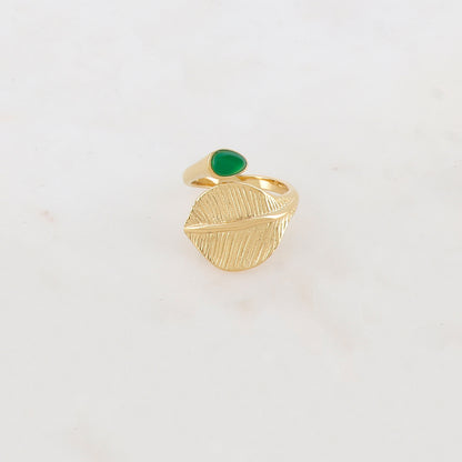 Bague fine avec feuille et pierre naturelle - Jade vert