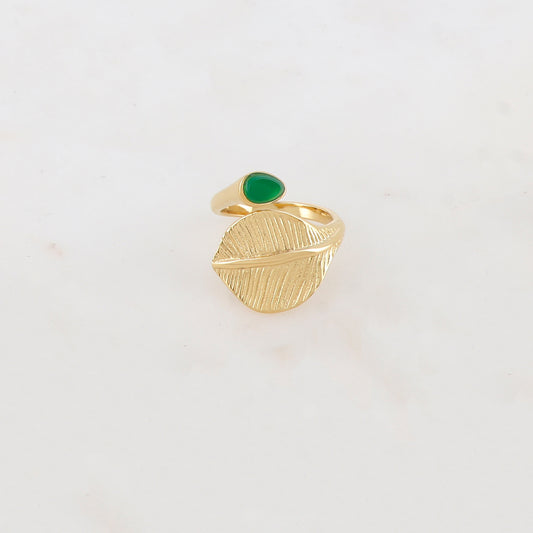 Bague fine avec feuille et pierre naturelle - Jade vert
