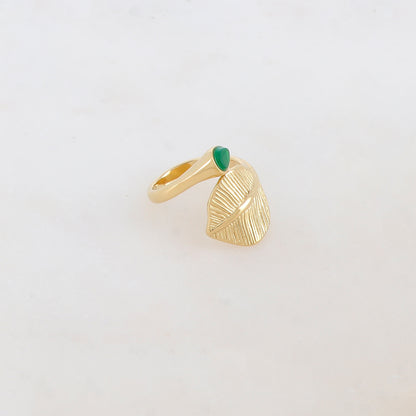 Bague fine avec feuille et pierre naturelle - Jade vert