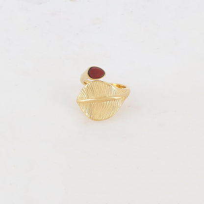 Bague fine avec feuille et pierre naturelle - Oeil de taureau