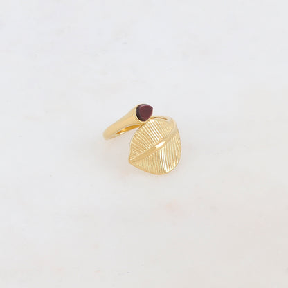 Bague fine avec feuille et pierre naturelle - Oeil de taureau