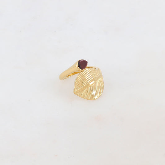 Bague fine avec feuille et pierre naturelle - Oeil de taureau