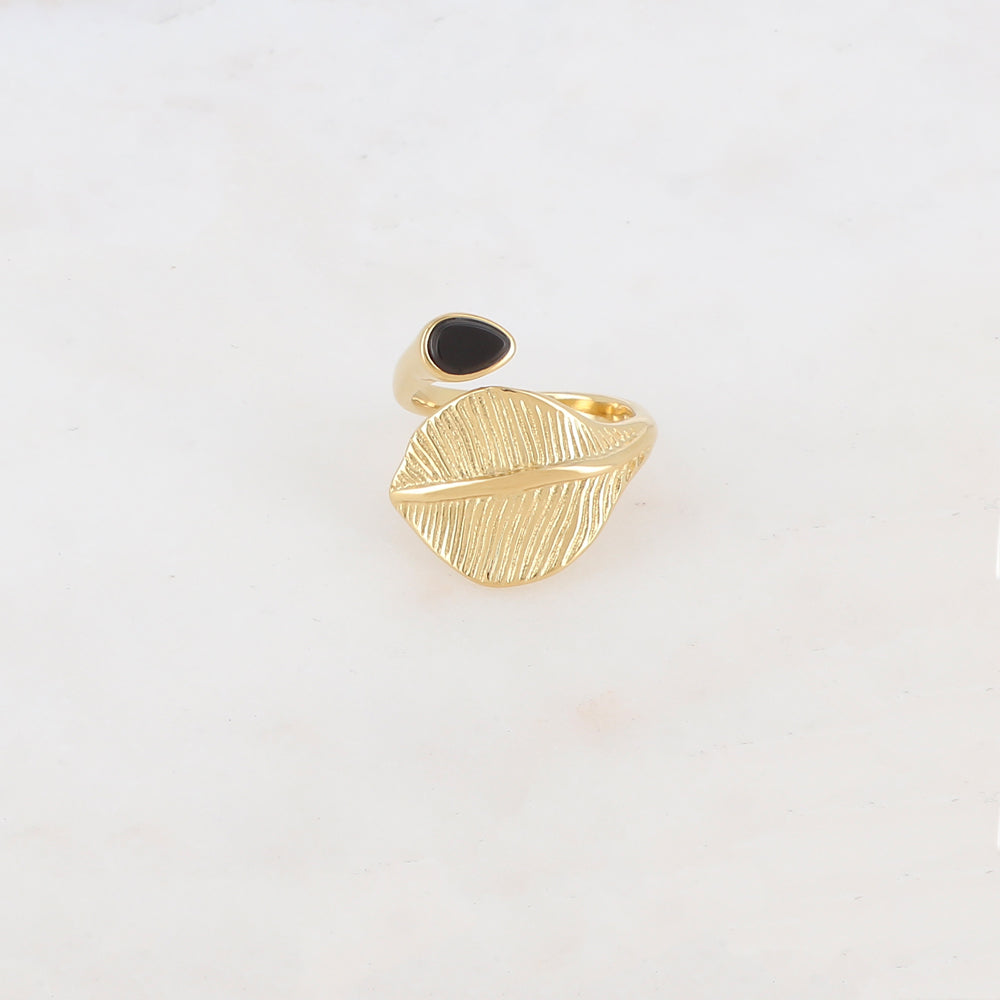 Bague fine avec feuille et pierre naturelle - Onyx