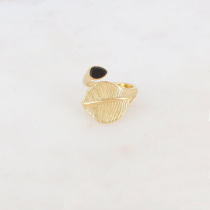 Bague fine avec feuille et pierre naturelle - Onyx