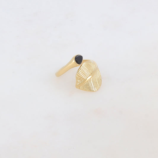 Bague fine avec feuille et pierre naturelle - Onyx